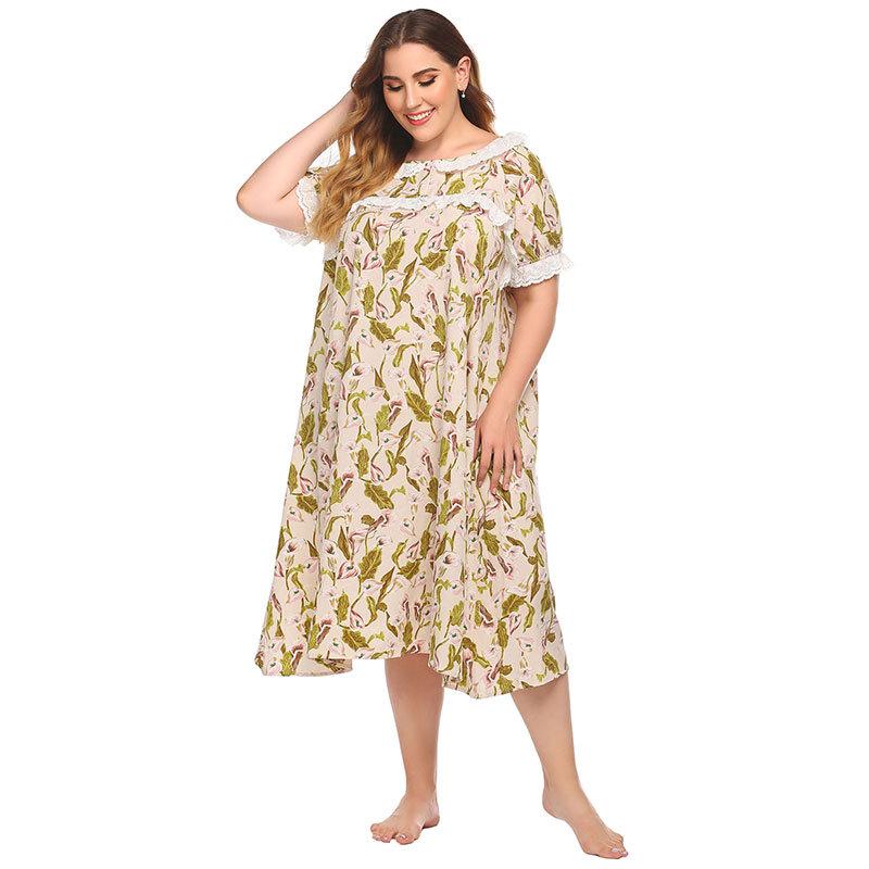 Yaz kadın Yuvarlak Boyun Loungewear Gevşek Yumuşak ve Rahat Pijama Uzun Elbise Baskılı Dantel Patchwork Kısa Kollu Ev Gecelik