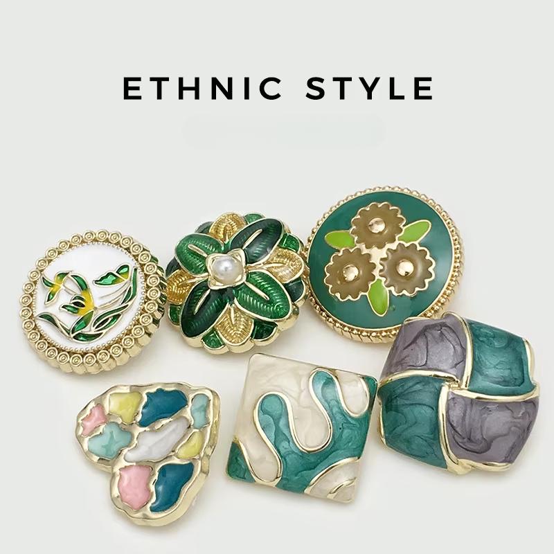 10PCS Of National Style Enamel Colorful Metal Buttons Burnt Blue Palace Oil Square Flower Clothing Button