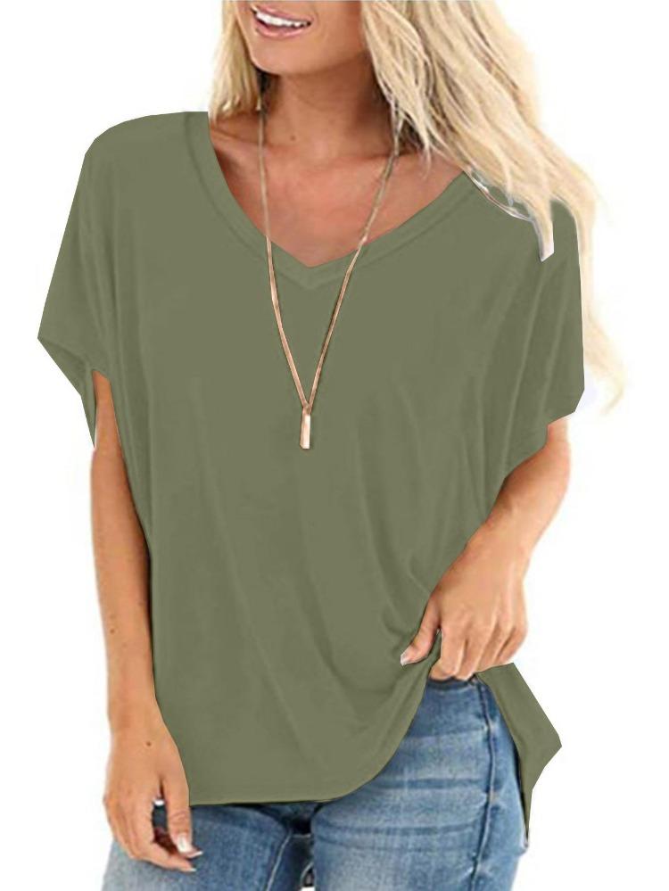 Women Summer T Shirts Casual Loose Fit V Neck Short Sleeve Basic Tee Top