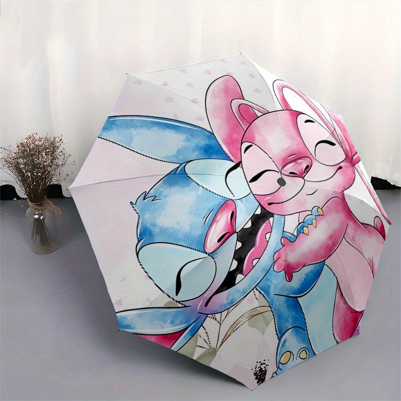 Stitch,Angel Automatic Folding Umbrella - Simple 8-Rib Design, Bright Cartoon Pattern, Durable Iron Frame, Suitable For Travel, Outdoor, Bea