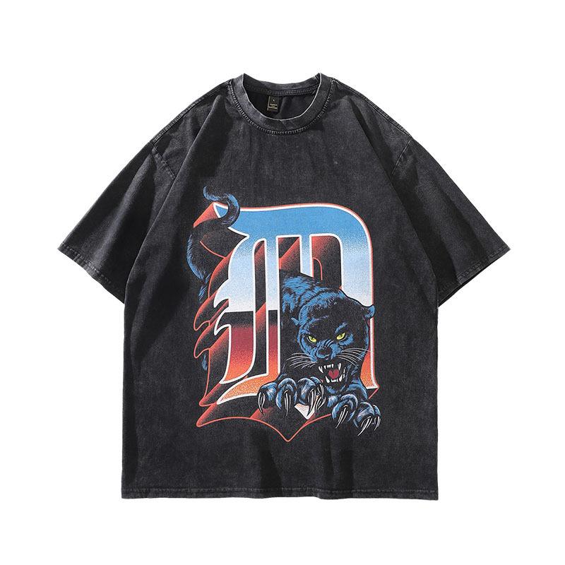 American Retro Hiphop Direct Injection Printing Heavy Vintage Washed Old Hip Hop Trendy Brand Short-Sleeved T-Shirt