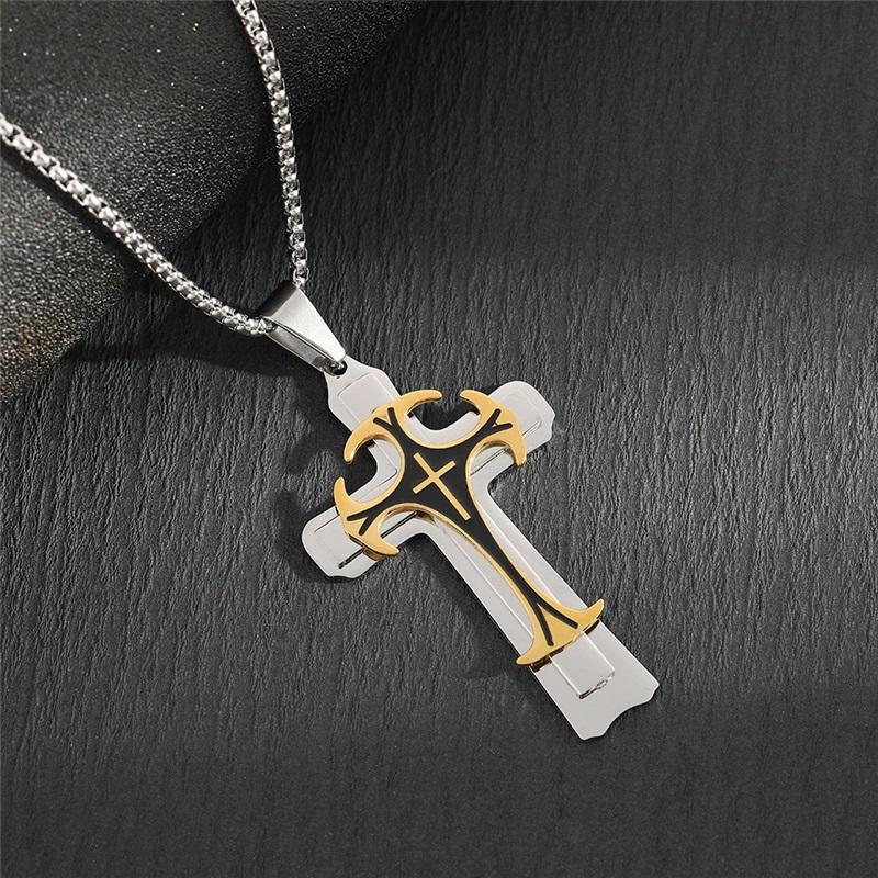 Titanium Steel Long Necklace European And American Domineering Pattern Three Layer Cross Pendant Necklace