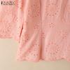 ZANZEA Women Casual Round Neck 3/4 Sleeve Loose Patchwork Crochet Blouse