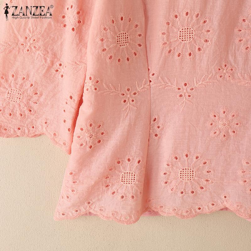 ZANZEA Women Casual Round Neck 3/4 Sleeve Loose Patchwork Crochet Blouse