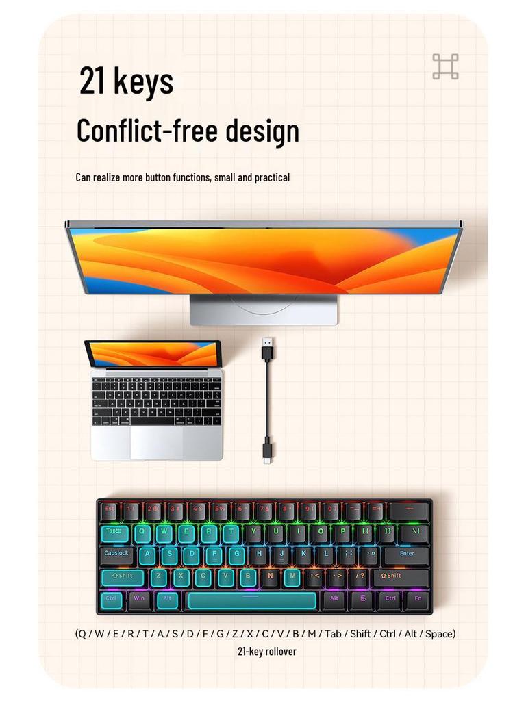 T-WOLF T60 61-Key Hot-Swappable Mechanical Gaming Keyboard with Mixed-Light and Two-Tone Blue Switch (Russian)