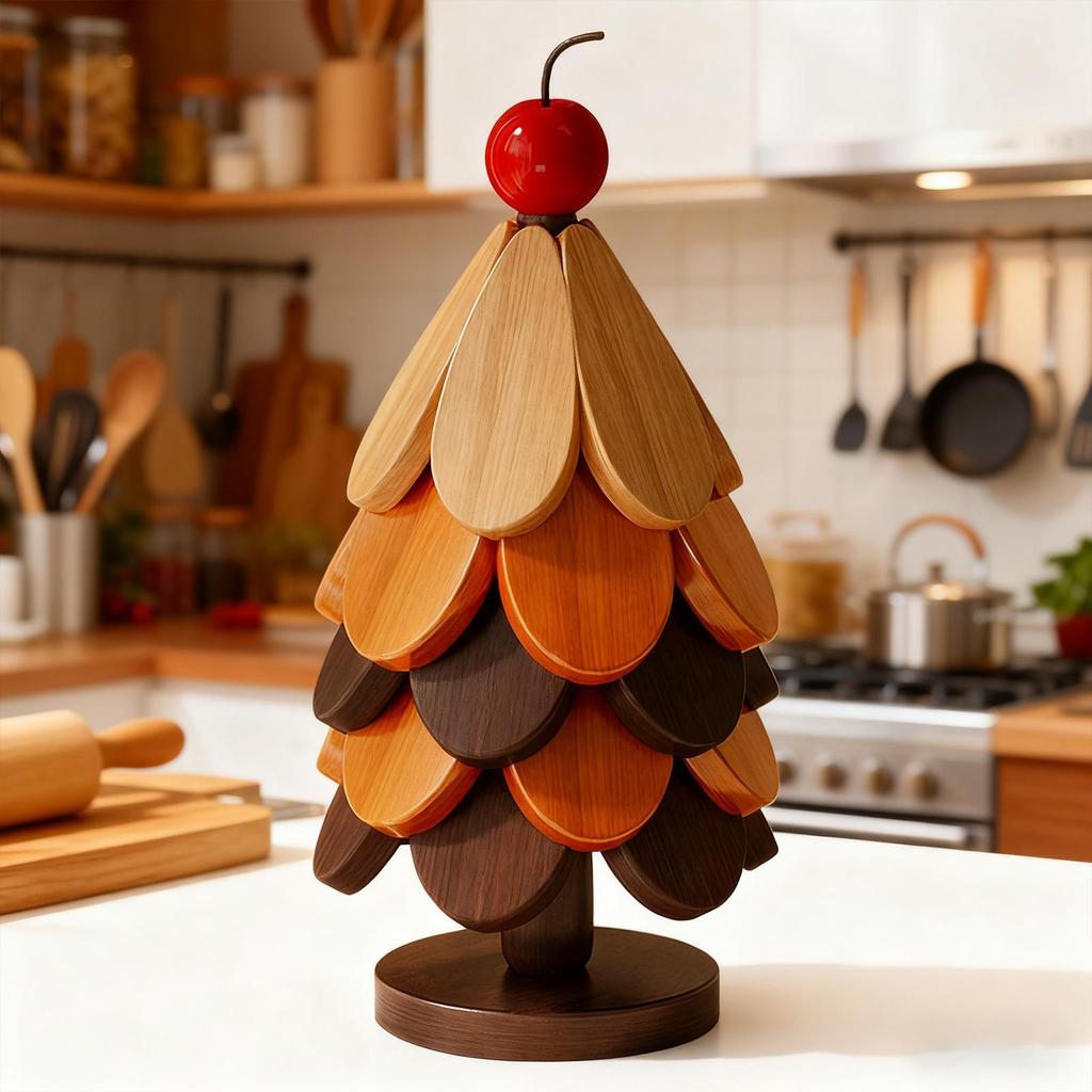 Christmas Tree Trivet 5 Pieces Foldable Wooden Trivet Heat Resistant Desk Coaster with Stand for Hot Dishes Kitchen Counter Pan
