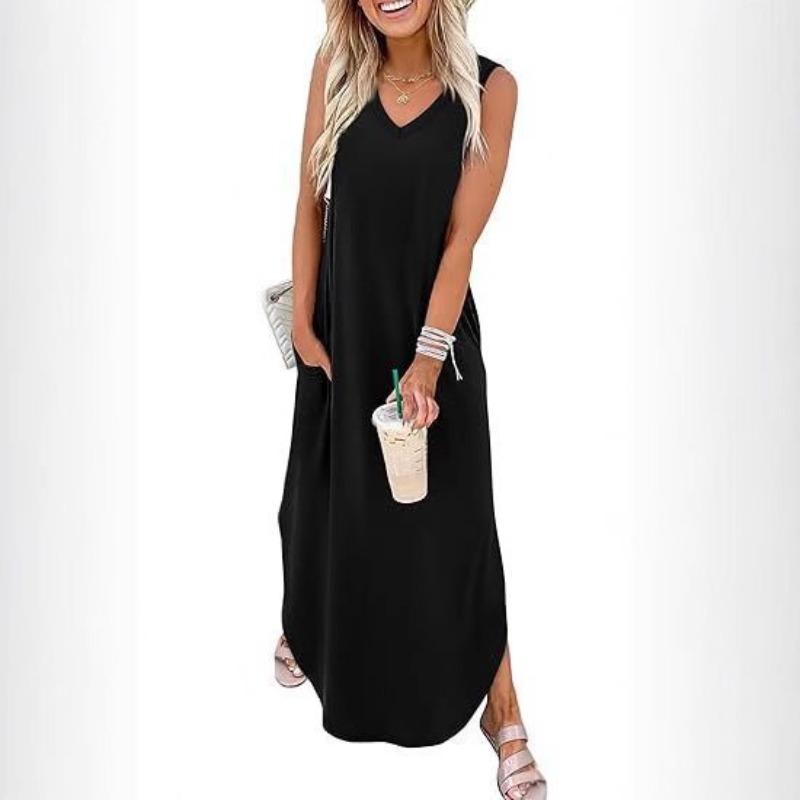 Women s V Neck Sleeveless Maxi Dress Casual Long Dress with Pockets S