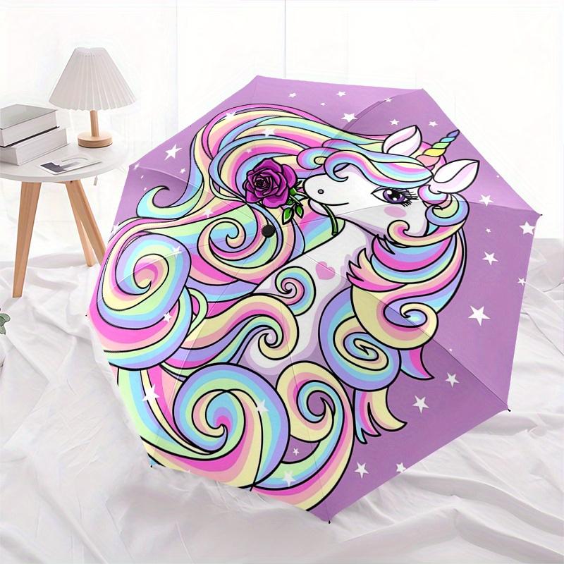 Unicorn, Magic Automatic Folding Umbrella 8 Ribs, Durable Iron Frame, Bright Color Pattern Compact Travel Umbrella, Suitable for Outdoor, B
