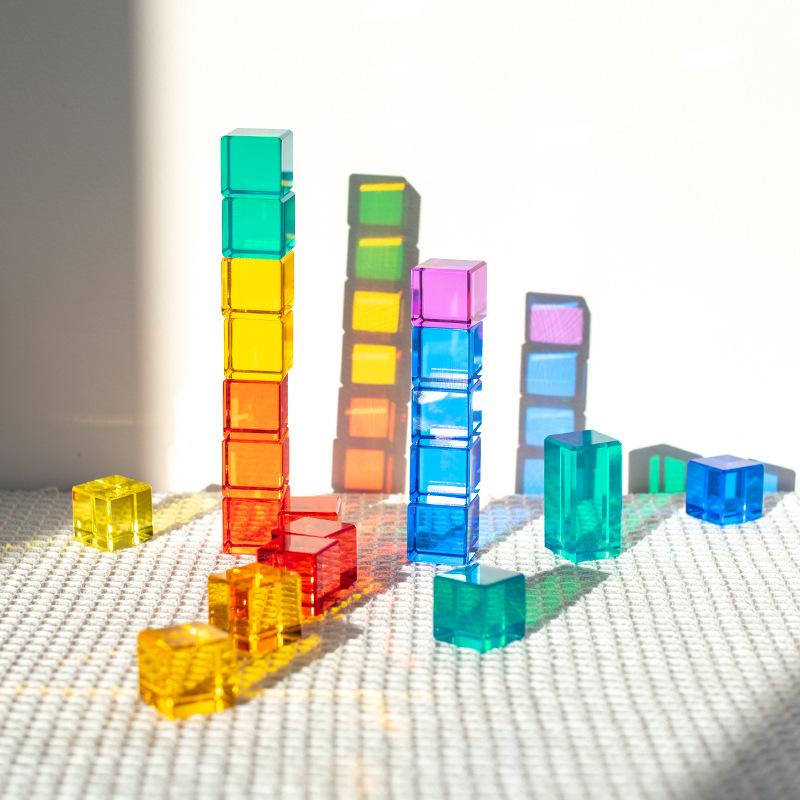 50/98Pcs Rainbow Crystal Acrylic Cubes Stacking Gem Blocks Sensory Building Blocks For Kids Learning Color Light Shadow Toy