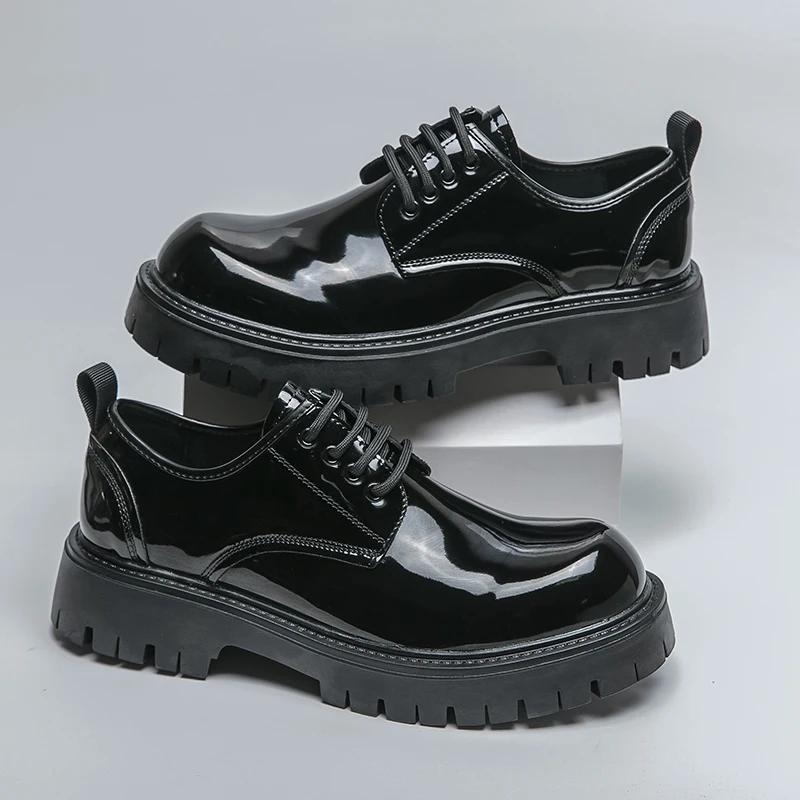 Black Official Oxford Shoes Men's Thick Soled Business Round Toe Leather Shoes with Lace Up Glossy Surface Brand Wedding Shoes