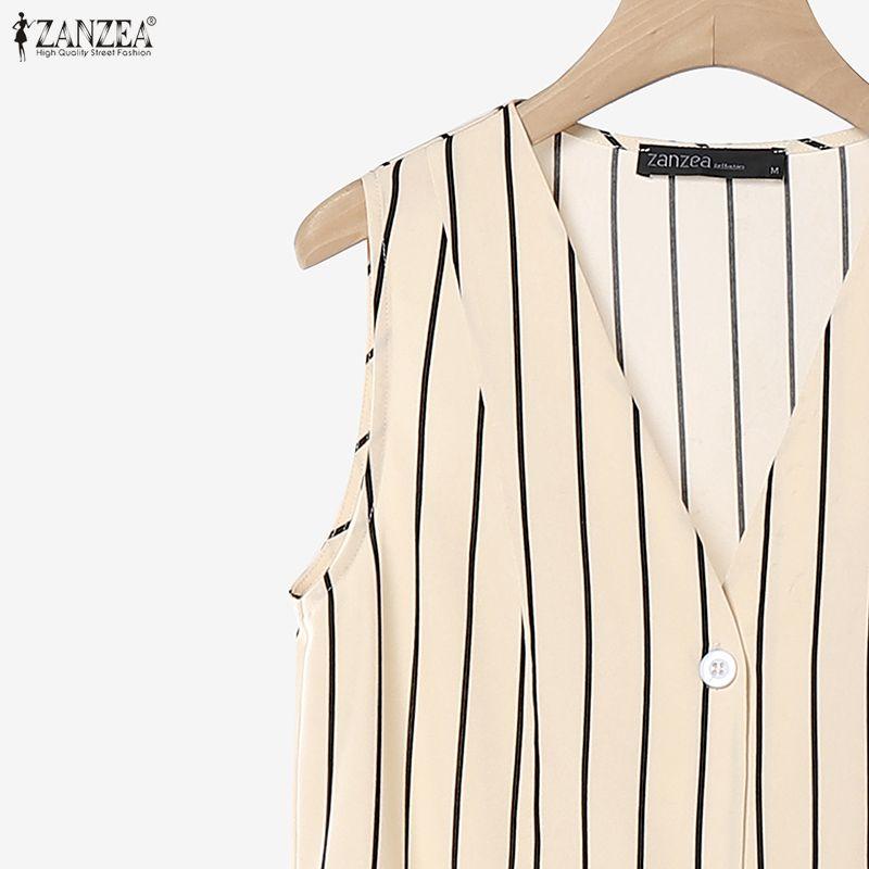 ZANZEA Women Sleeveless Vest Tops and Long Pants Casual Stripe Print Two Piece Sets