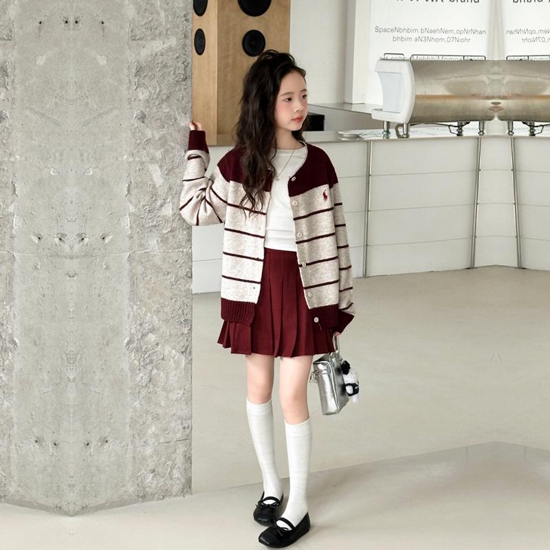 2025 Girls' Striped Knit Cardigan Sweater - Trendy Spring & Autumn Fashion for Big Children
