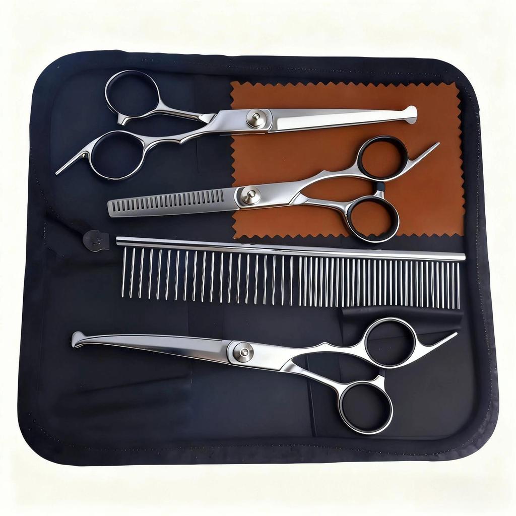 Portable Pet Grooming Scissor Set: Flat & Curved Hairdressing Tools