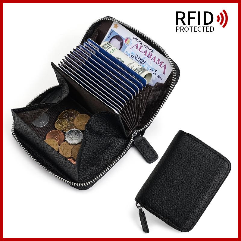 Japanese Style Cowhide RFID Card Wallet, Accordion Multi-Slot Anti-Skimming Zipper Genuine Leather Card Holder for Daily Use