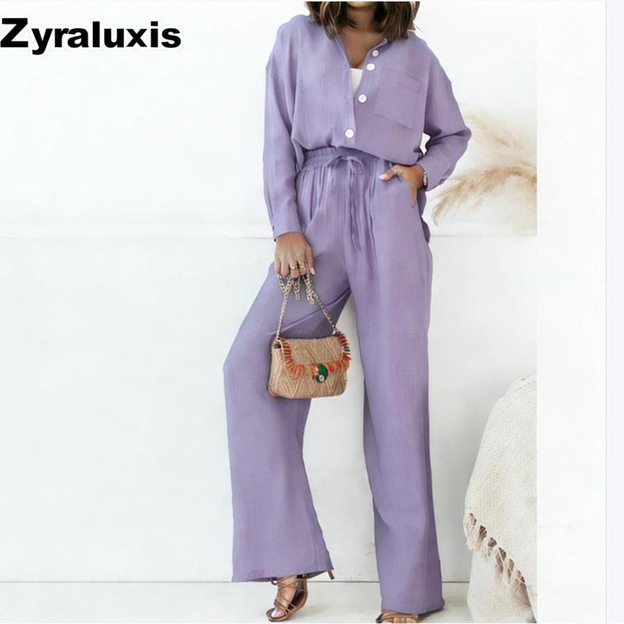 Loose Fashion Long Sleeve Shirt Wide Leg Pants Casual Pure Color Women's Set Old Money Style