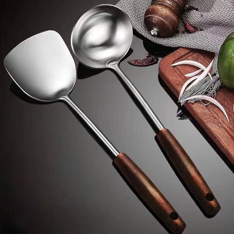 Stainless Steel Kitchen Spatula & Soup Ladle with Wooden Heat Resistant Handle