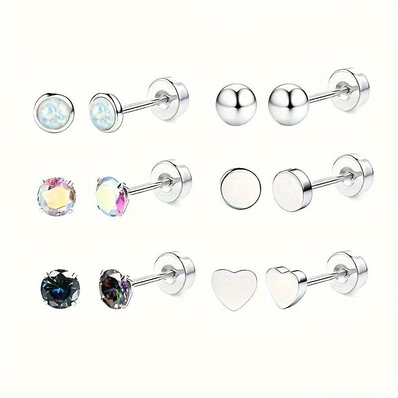 12 Pairs Stainless Steel Earrings Hypoallergenic 20G Medical Steel Cartilage Opal CZ Pearls Sleeping Earrings