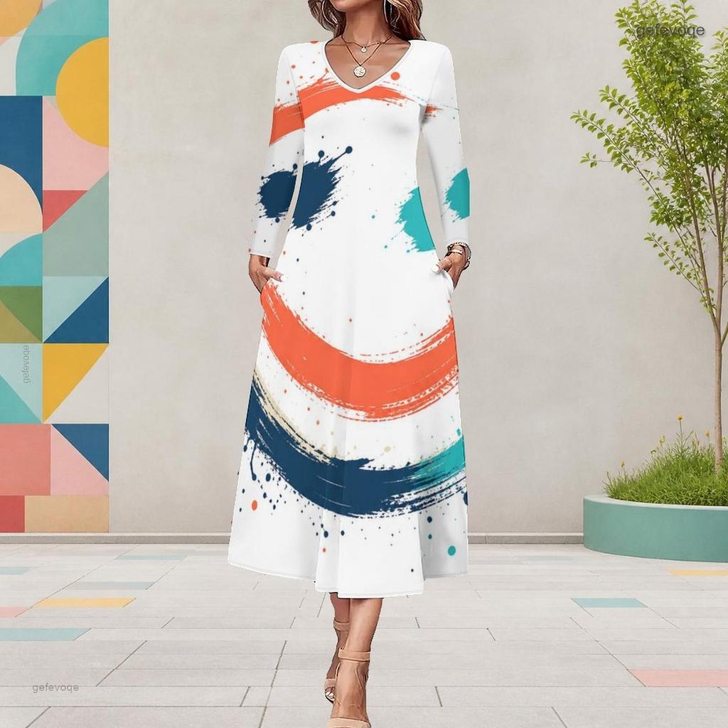 Women Plus Size V Neck Long Sleeve White Blue Printed A Line Midi Dress With Pockets
