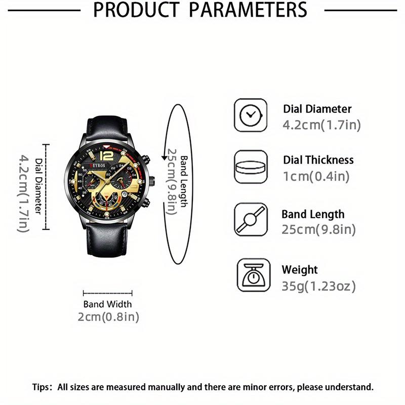 3PCS Set Men  Luxry Classic Watches Leather Watch Band Round Wrist Watch for Male Wristwatch Bracelet Necklace Man Gift