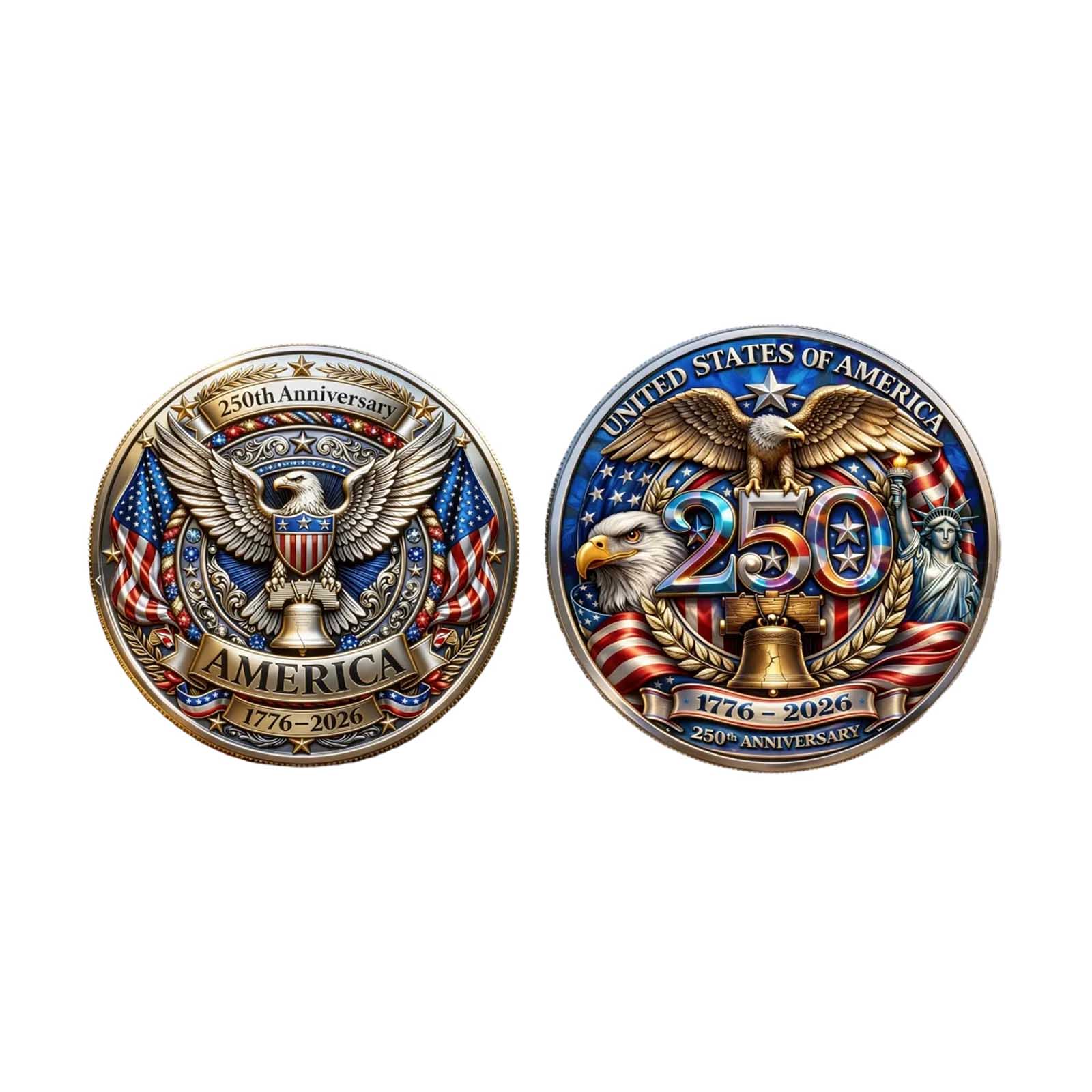 Patriotic USA 250th Independence Anniversary Commemorative Coin, Double-Sided Collectible With Enamel & Intricate Engravings Of Icons