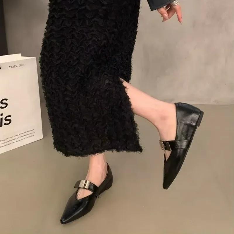 Women's Flat Shoes 2025 Designer Luxury Buckle Women's Punk Pointed Casual Fine Plaid Low-heeled Shoes Mule