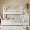 Kinderstapelbed, Twee Lades op Wieltjes, Dakontwerp, met Veiligheidsreling en Trapkast, Grenen + MDF + Multiplex, Wit, 90x200cm & 140x200cm
