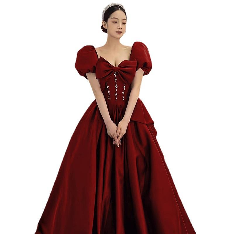 Burgundy Toast Bride Summer Shoulder French Bubble Sleeve Back Door Dress Women's Wedding Engagement Dress