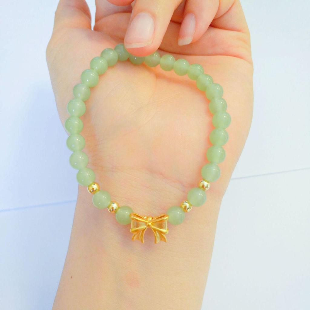 Vietnamese Sand Gold Bow Bracelet with Imitation Hetian Jade & Brass Gold-Plated Bells
