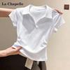 La Chapelle Women's Slim Fit Polo Neck Pleated Short Sleeve Top