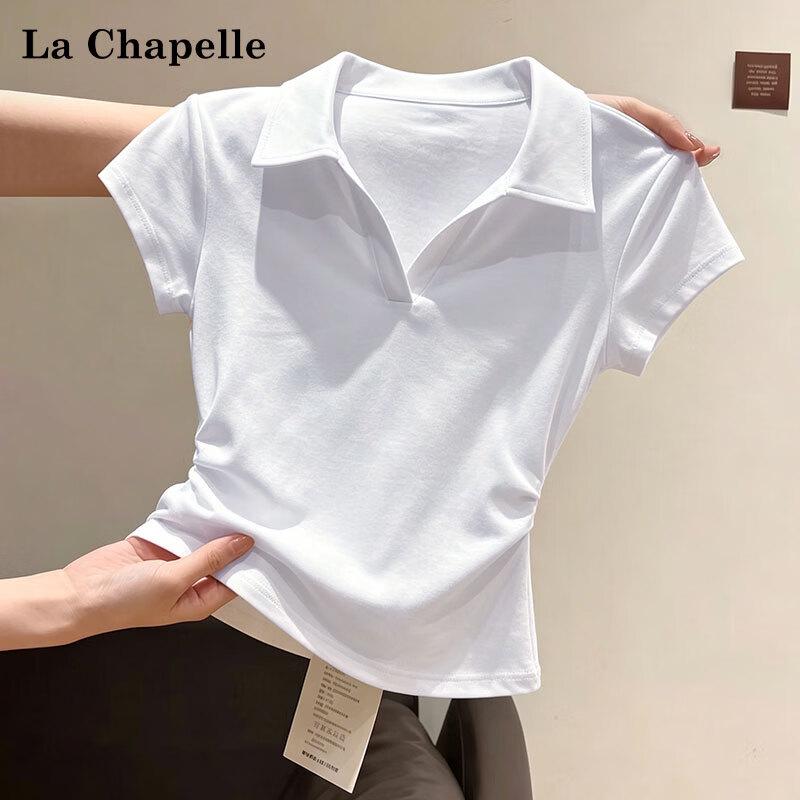 La Chapelle Women's Slim Fit Polo Neck Pleated Short Sleeve Top