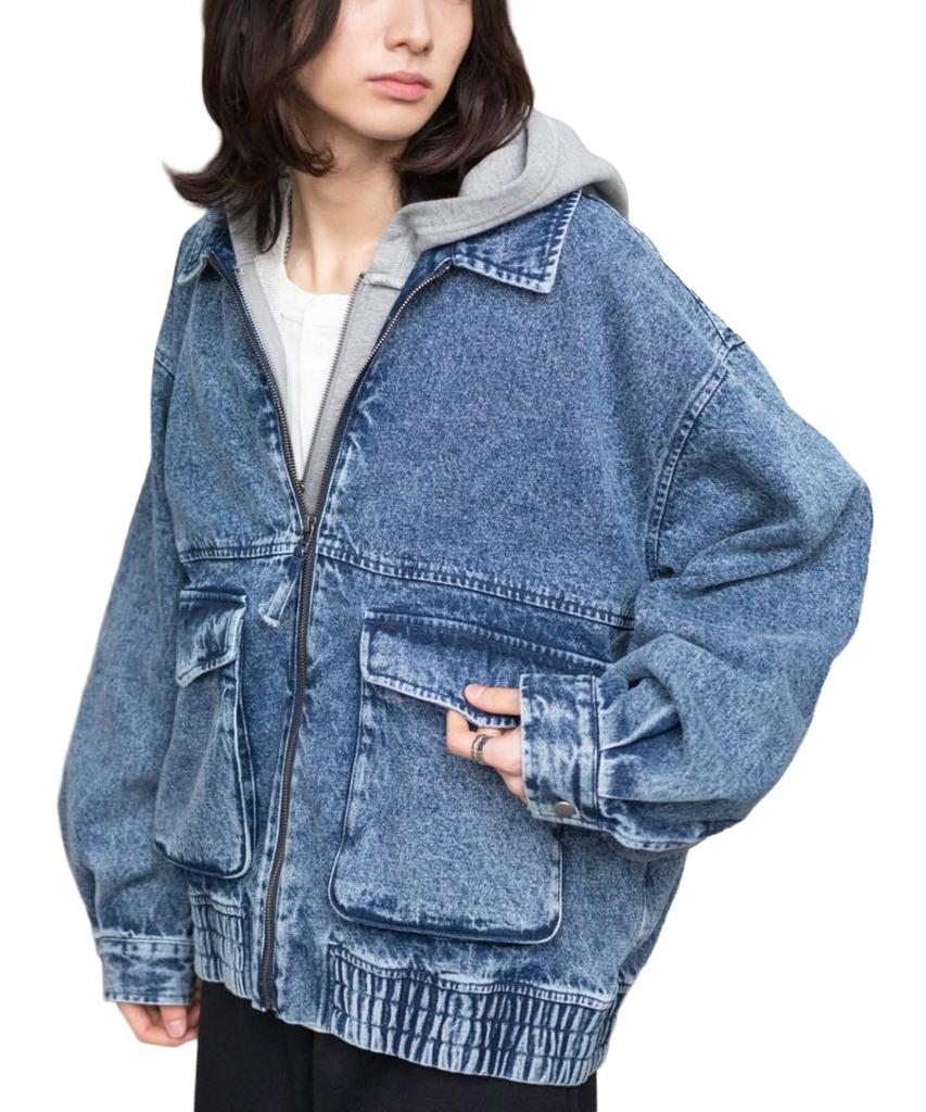 WEGO Unisex Flight Korean Loose Size Denim Men's Jacket, Outerwear, Streetwear, Style, Fit, Oversized, Winter/Spring Wear, L, Medium-Dark