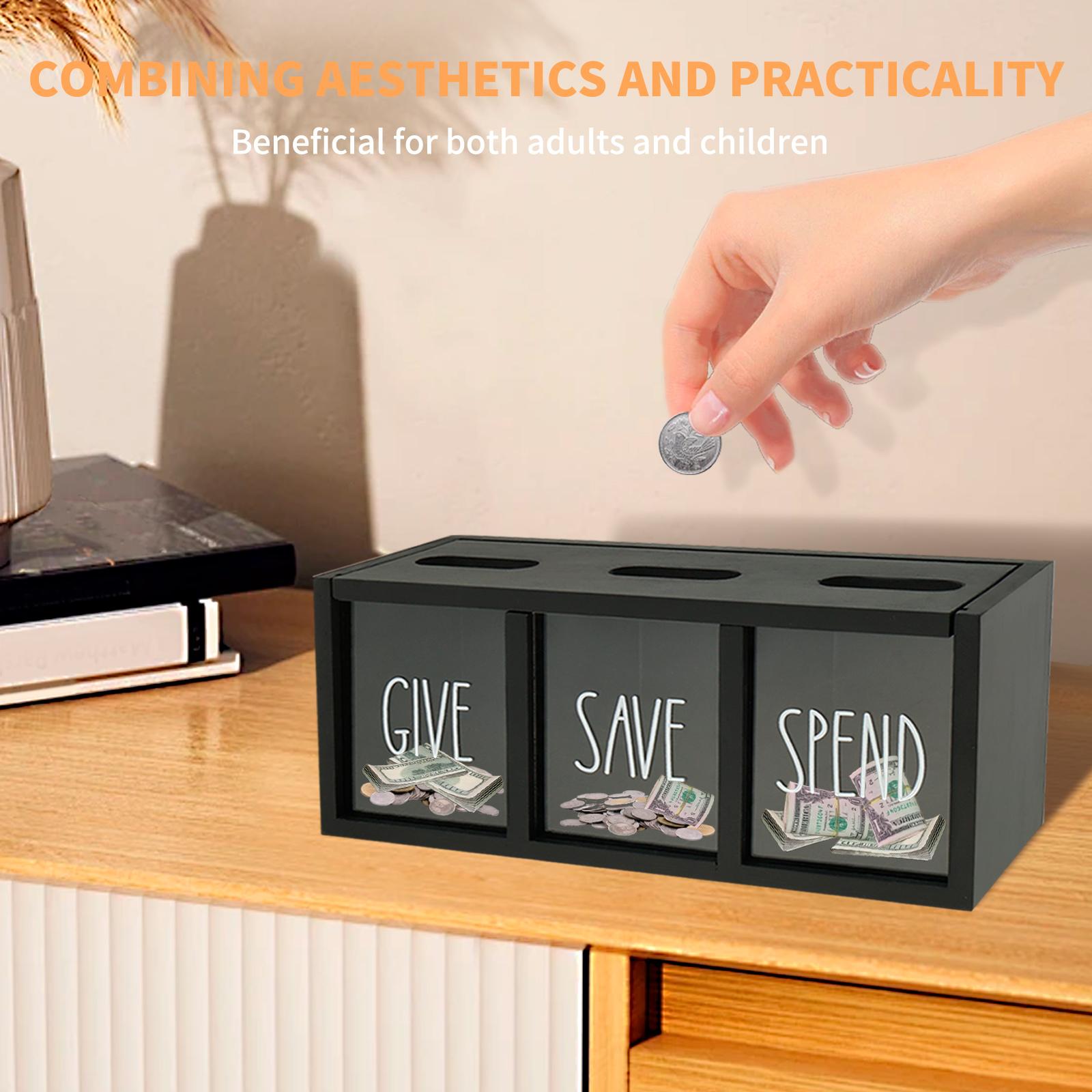 'Give' 'Save' 'Spend' Money Box Visualized Wood Money Saving Box Kids Piggy Bank Safe Box Money Saver for Cultivate Money Saving nero