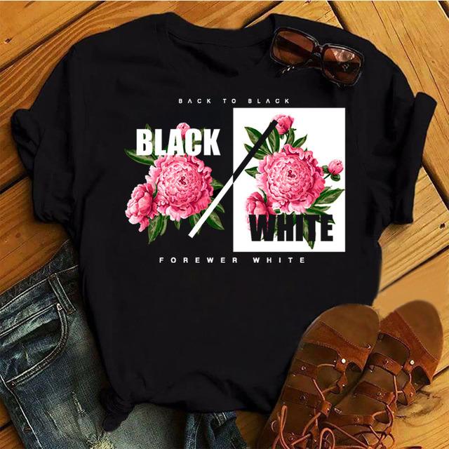 Fashion Women T Shirt Flower Printed T Shirt Casual Black Tops 90s Ladies Girl Tee Shirt Female Harajuku Graphic T -Shirt