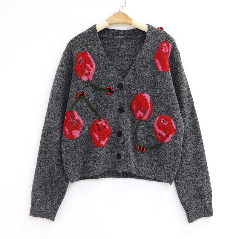 Women's French Retro Cherry Jacquard Knitwear - Soft, Fluffy Mink Fur Round Neck Top for Autumn/Winter