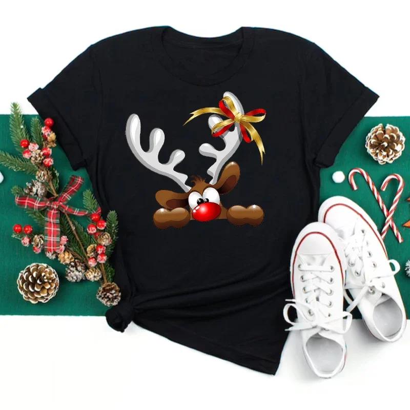 Merry Christmas Women's Fashion Santa Claus with Deer Women O-Neck Top Girls Lucky Deer T-shirts Harajuku Short Sleeve Casual