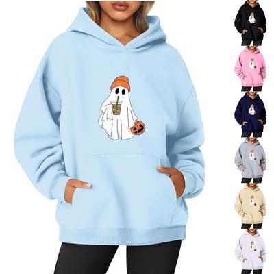 Women's O-neck Long Sleeve Halloween Printed Top Solid Color Hoodie