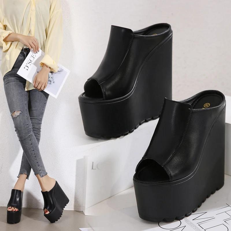 16CM Dámské platformové sandály Peep Toe Klínový podpatek Mules Letní Sexy sandály pro ženu Super Vysoké Černé Kožené Nazouváky pantofle