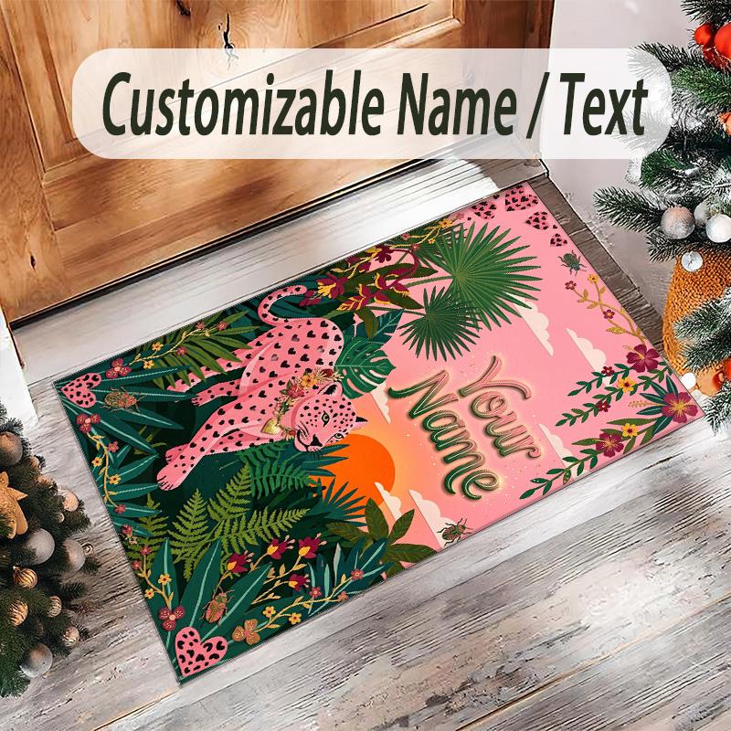 Leopard Theme Crystal Velvet Floor Rug Personalized Custom Name Text Warm Carpet Home Decoration