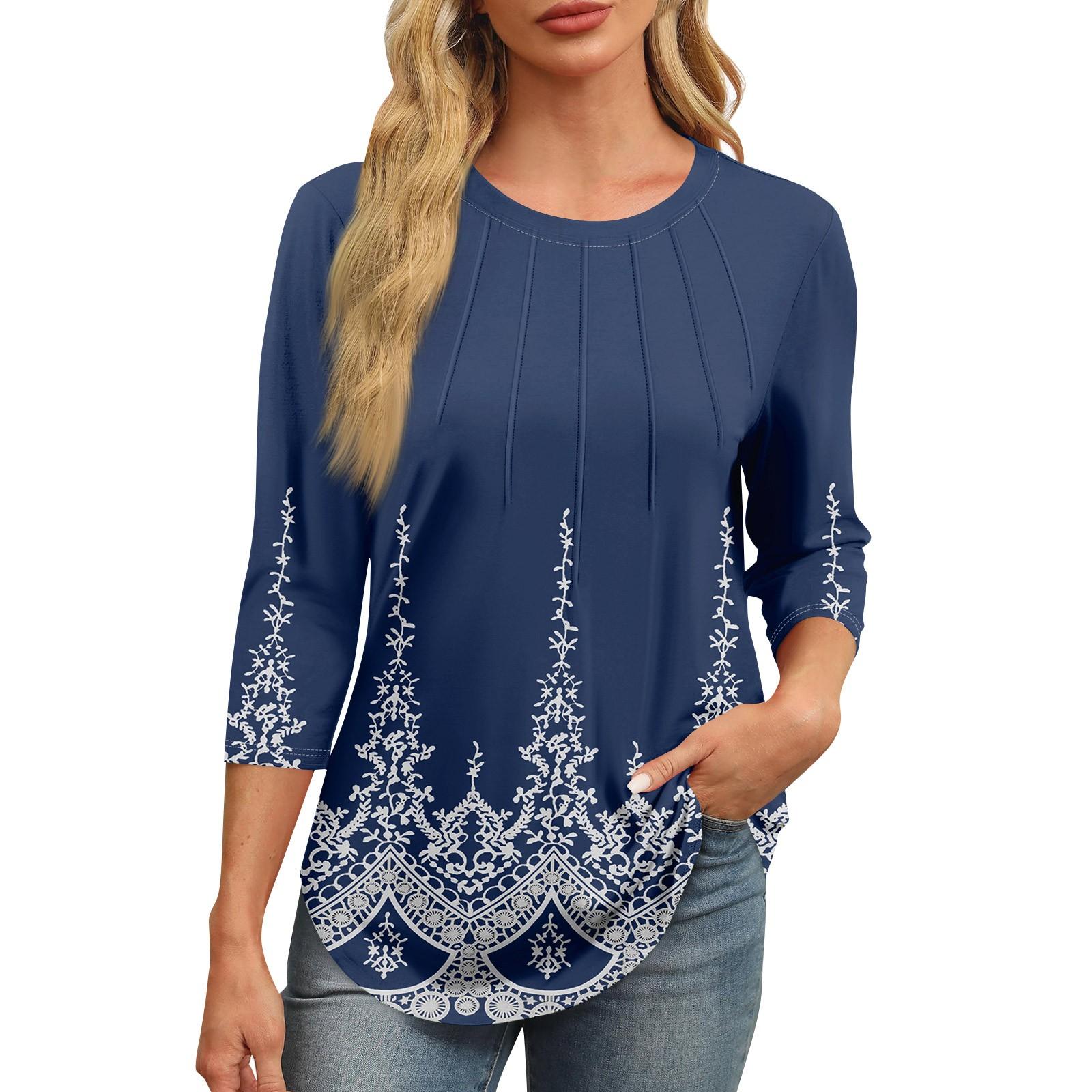 

Женская модная футболка с круглым вырезом и рукавом 3/4 с принтом, повседневная, базовая, плиссированная, пуловер XL тёмно-синий