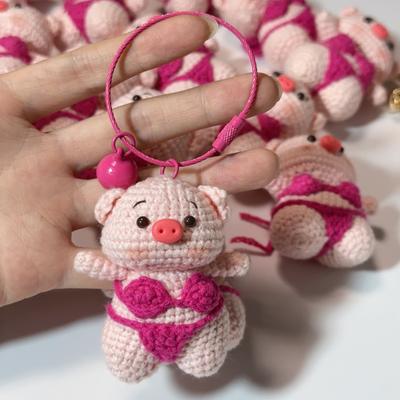 Hand Crocheted Cute Pink Bikini Pig Couple Handmade Keychains Unique Knitting Cartoon Doll Crochet Keychain Keys Bag Pendant