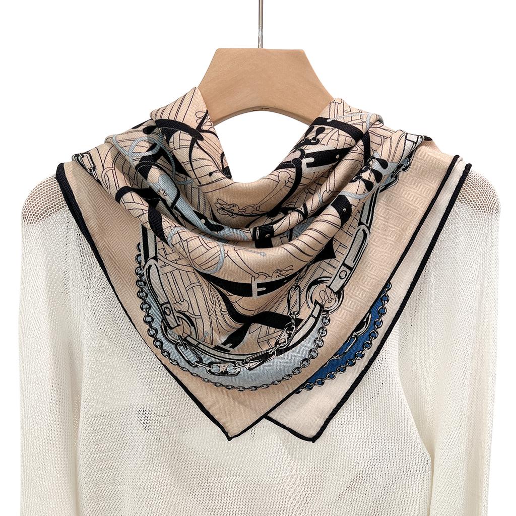 Wool mulberry silk large square scarf women's chain printed silk scarf spring and summer old money wind high-end neck protection scarf