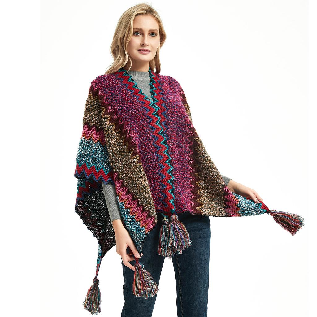 Women's Fashion Spring Autumn Winter Pashmina Ethnic Style Tassel Cape Colorful Knitted Split Shawl