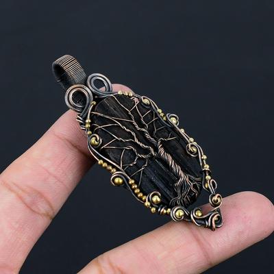 Arbre de vie Tourmaline noire bijoux en pierres précieuses brutes pendentif fait à la main enveloppé de fil de cuivre pur