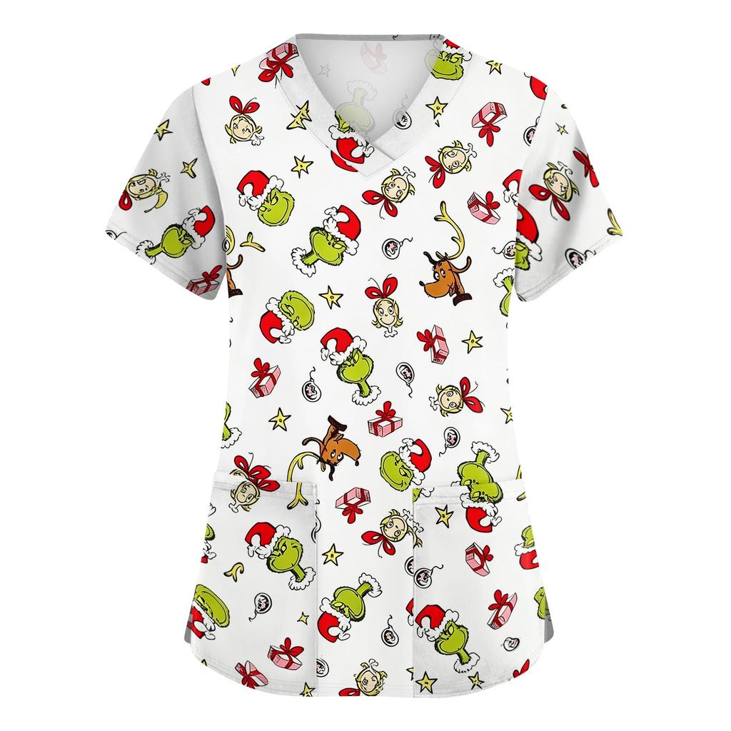 Women's Stylish V-Neck Short Sleeve Work Top with Pockets, Printed Caregiver Uniform Shirt