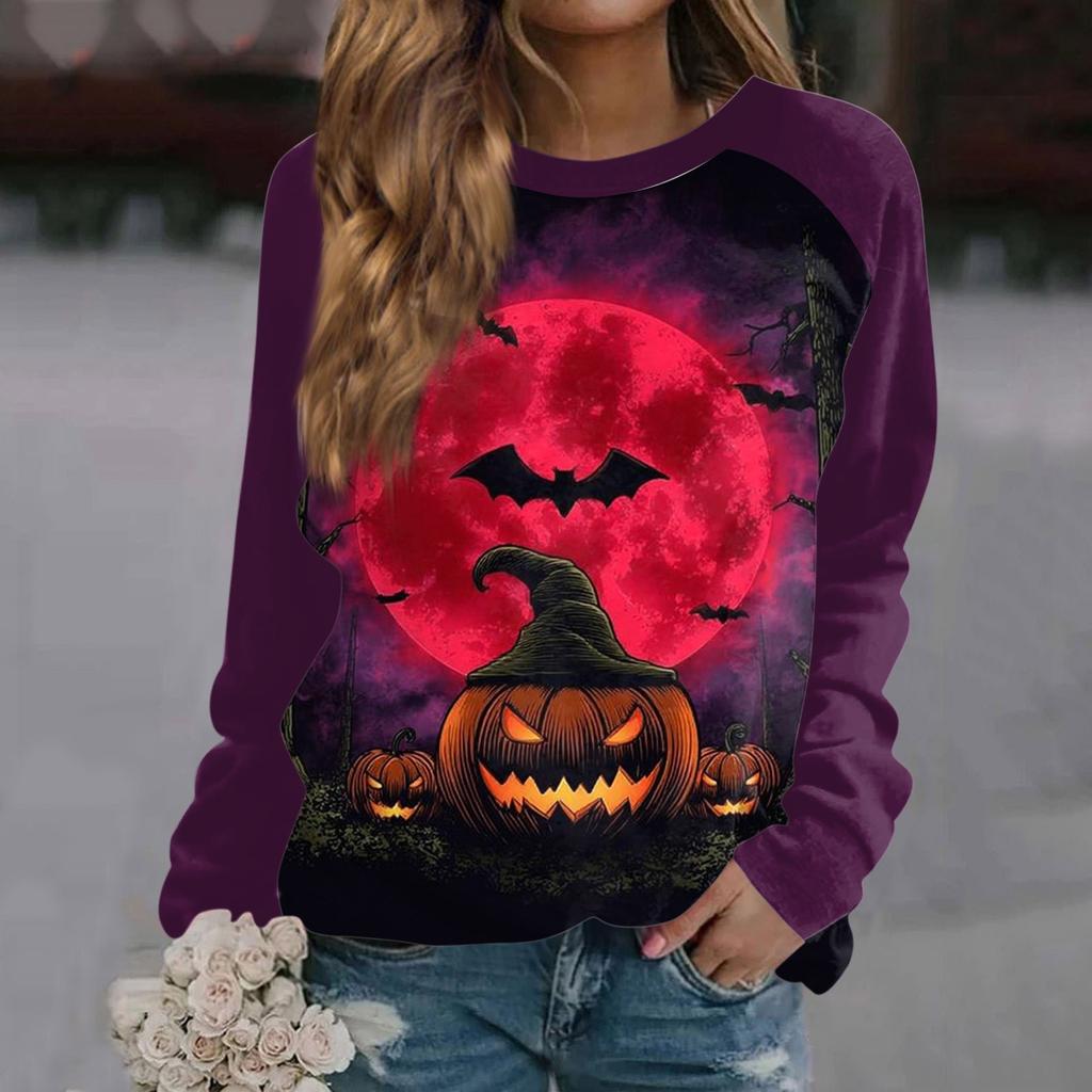 Women's Fashion Casual Long Sleeve Halloween Printed Round Neck Sweater Top