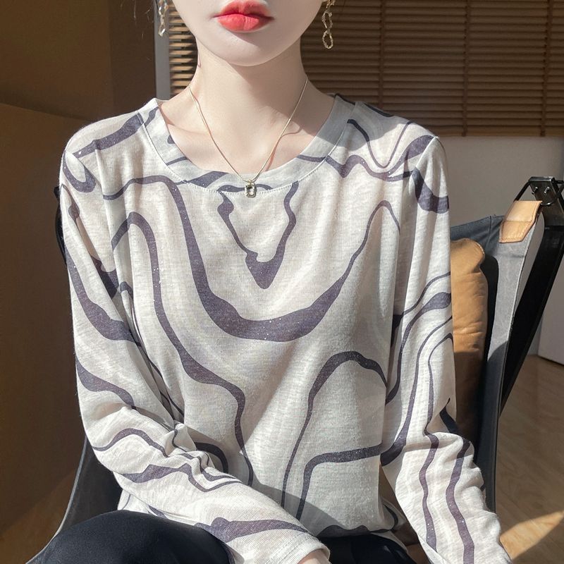 Women's Summer Knitwear Thin Print Pullover Knit Top Long Sleeve Sweater