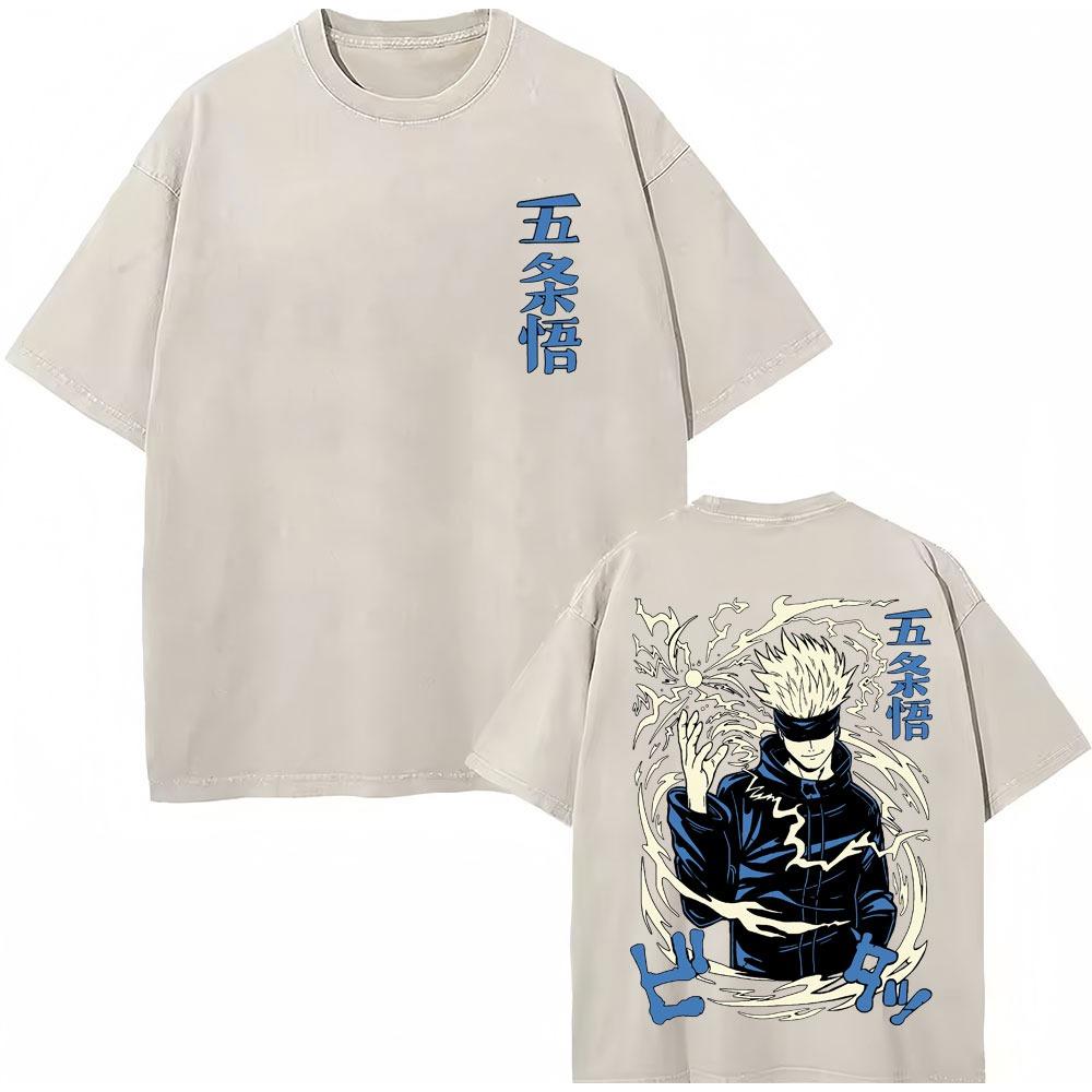 Japan Anime Jujutsu Kaisen Gewaschene T-Shirts Satoru Gojo Geto Suguru T-Shirt Lässig Baumwolle Oversized Harajuku T-Shirt