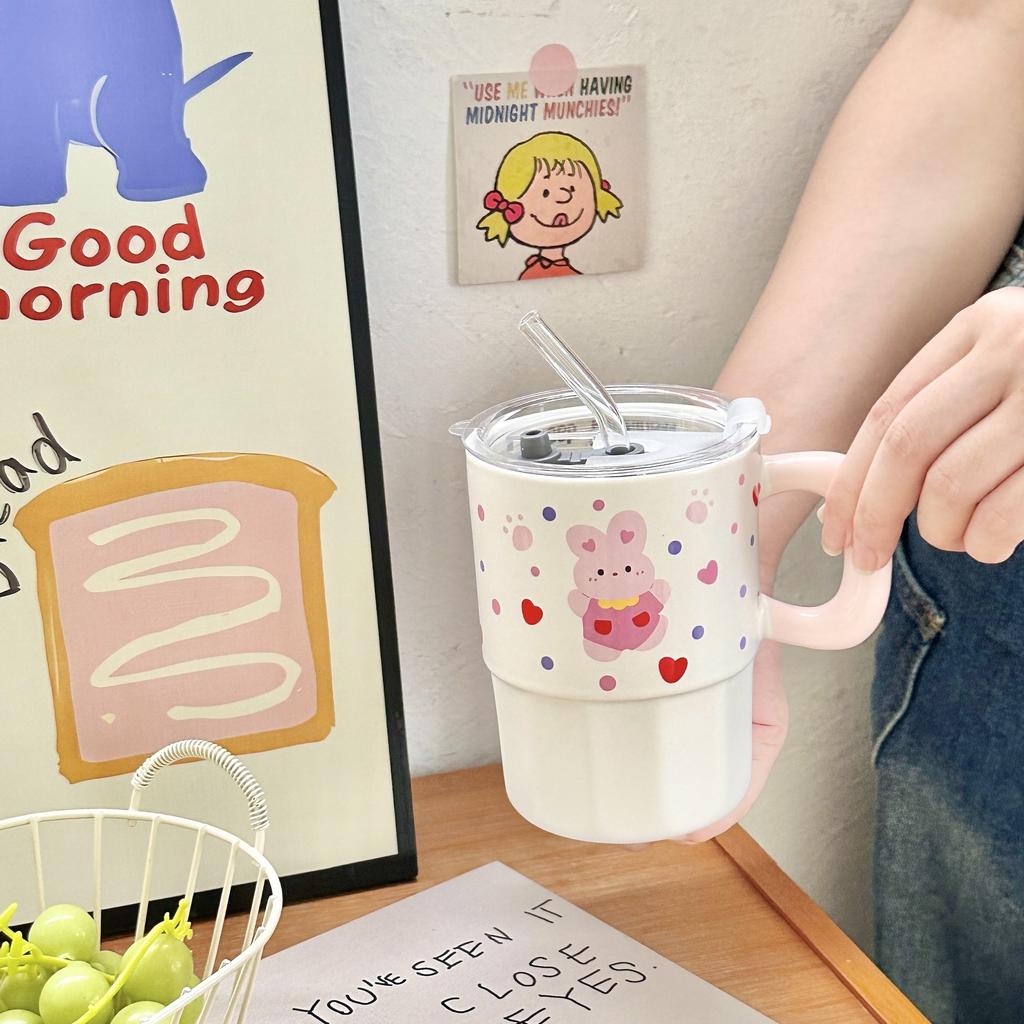 Birthday Gift High Value Ceramic Water Cup with Lid Mug Cartoon Rabbit Couple Sippy Cup Practical Souvenir