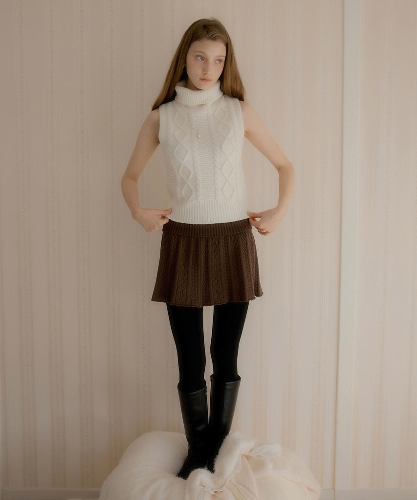 Letter From Moon Jess Cable Pleated Knit Skirt (Brown)