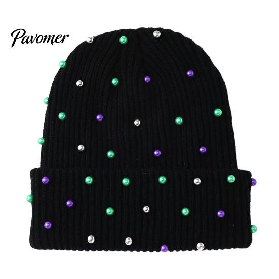 Soft Vertical Texture Hats Unisex Beanies with Colorful Beads, Winter Warm Knitted Hat, Casual Stylish Knit Skull Caps Stretch Cozy Cap for